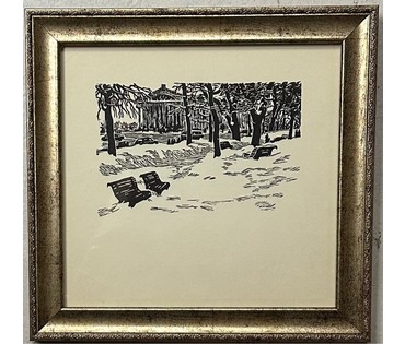 Герус С.П "Сквер імя Купалы", линогравюра. Размер с рамой 24х25 см. № 3104 (артикул №3104) - фото №1