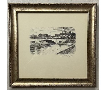 Витковский Г.А "Мост праз Свіслач", литография. Размер с рамой 24х25 см. № 3107 (артикул №3107) - фото №1