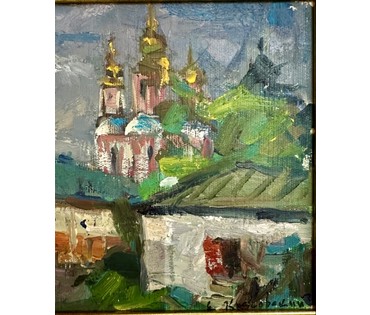 Красовский Е.Е "Пейзаж с церковью", 1969г. Картон, масло. Размер без рамы 19х29 см. № 3173 (артикул №3173) - фото №3