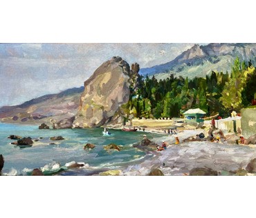 Бржозовский Г.Ф "Гурзуф.Артек". Картон, масло. Размер с родной рамой 42х75 см. № 3199 (артикул №3199) - фото №3