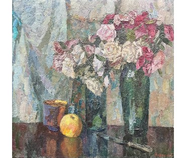 Фурманков Н.А "Розы", 1974г. Лотерейная работа. Картон, масло. Размер 49х50,5 см. № 3219 (артикул №3219) - фото №4