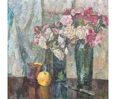 Фурманков Н.А "Розы", 1974г. Лотерейная работа. Картон, масло. Размер 49х50,5 см. № 3219 (артикул №3219) - фото №5