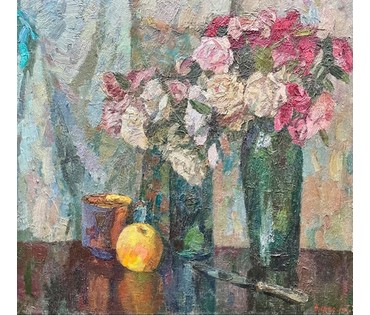 Фурманков Н.А "Розы", 1974г. Лотерейная работа. Картон, масло. Размер 49х50,5 см. № 3219 (артикул №3219) - фото №3