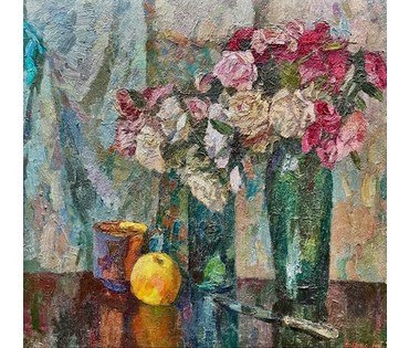 Фурманков Н.А "Розы", 1974г. Лотерейная работа. Картон, масло. Размер 49х50,5 см. № 3219 (артикул №3219) - фото №2