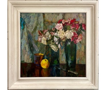Фурманков Н.А "Розы", 1974г. Лотерейная работа. Картон, масло. Размер 49х50,5 см. № 3219 (артикул №3219) - фото №1
