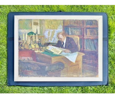 Обрыньба Н.И "В.И Ленин в своём кабинете", 1973г. Картон, масло. Размер 50х70 см. № 3223 (артикул №3223) - фото №3