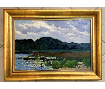 Маслеников П.В "Острошицкое озеро", 1973г. ДВП, масло. Размер 75х55 см. № 3235 (артикул №3235) - фото №1