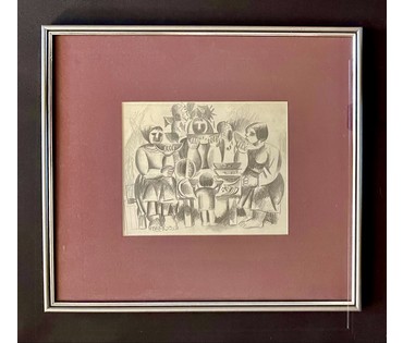 Кищенко А.М "Едоки арбуза",1960г. Ранняя каталожная графика. Бумага, карандаш. Размер с рамой и паспарту 41,5х46 см. № 3243 (артикул №3243) - фото №1