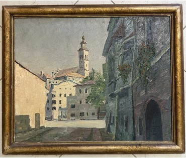 Пейзаж. Европа, начало 20 века. Подпись автора. Дерево, масло. Размер с рамой 56,5х46, 5 см. № 3251 (артикул №3251) - фото №1