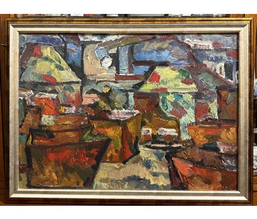 Малишевский А.А "В цеху на Тракторном", 1968г. Картон, масло. Размер 50х70 см. № 3292 (артикул №3292) - фото №1