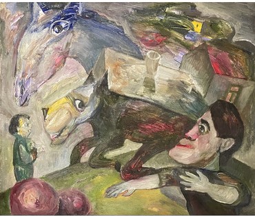Акулов В.И "Сложности дрессировки...по мотивам Марка Шагала", 2009г. Холст, масло. Размер 70х60 см. № 3321 (артикул №3321) - фото №3