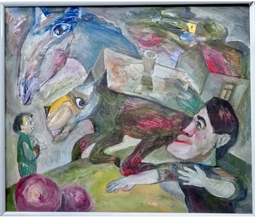 Акулов В.И "Сложности дрессировки...по мотивам Марка Шагала", 2009г. Холст, масло. Размер 70х60 см. № 3321 (артикул №3321) - фото №2