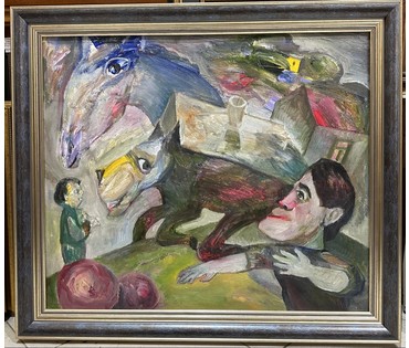 Акулов В.И "Сложности дрессировки...по мотивам Марка Шагала", 2009г. Холст, масло. Размер 70х60 см. № 3321 (артикул №3321) - фото №1
