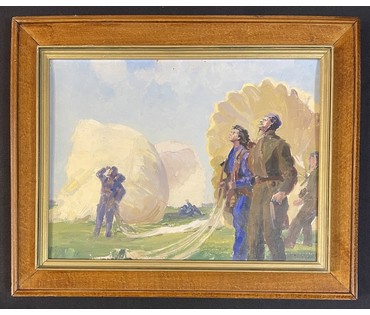 Бржозовский Г.Ф "Парашютисты", 1939 год. Картон, масло. Размер с родной рамой 42х32 см. № 3439