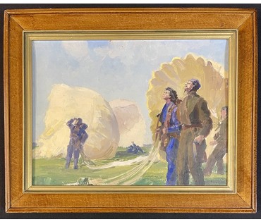 Бржозовский Г.Ф "Парашютисты", 1939 год. Картон, масло. Размер с родной рамой 42х32 см. № 3439