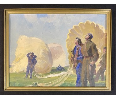 Бржозовский Г.Ф "Парашютисты", 1939 год. Картон, масло. Размер с родной рамой 42х32 см. № 3439