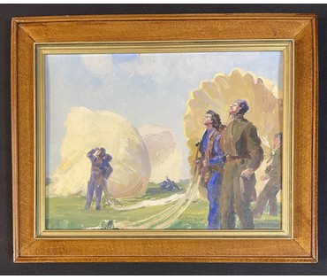 Бржозовский Г.Ф "Парашютисты", 1939 год. Картон, масло. Размер с родной рамой 42х32 см. № 3439