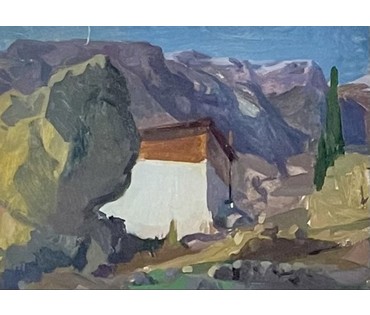 Бржозовский Г.Ф "Домик в горах у моря", картон, масло. Размер 31х23 см. № 3440 (артикул №3440) - фото №1