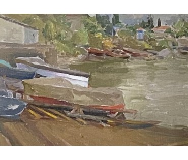 Бржозовский Г.Ф "Лодки", картон, масло. Размер 23х32 см. № 3440 (артикул №3440) - фото №1