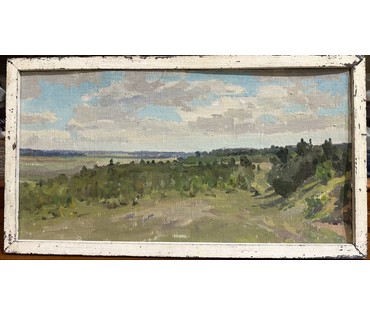 Бржозовский Г.Ф "Белорусский пейзаж", 1975г. Холст на картоне, масло. Размер 24х46 см. № 3445 (артикул №3445) - фото №1