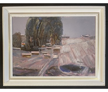 Данциг М.В "Посёлок", 1967г. Картон, масло. Размер 50х70 см., с родной рамой 85х65,5 см. № 3449 (артикул №3449) - фото №3