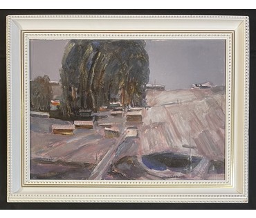 Данциг М.В "Посёлок", 1967г. Картон, масло. Размер 50х70 см., с родной рамой 85х65,5 см. № 3449 (артикул №3449) - фото №4