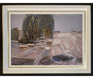 Данциг М.В "Посёлок", 1967г. Картон, масло. Размер 50х70 см., с родной рамой 85х65,5 см. № 3449 (артикул №3449) - фото №5
