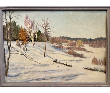 Бржозовский Г.Ф "Белорусский зимний пейзаж", 1947г. Картон, масло. Размер с рамой 74,5х54,5 см. см. № 3451 (артикул №3451) - фото №1