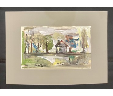 Акулов В.И "Домик у озера", 1993г. Смешанная техника. Размер 70х50 см. № 3505 (артикул №3505) - фото №1