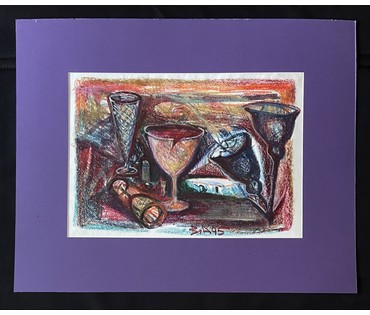 Акулов В.И "Натюрморт с пьяными бокалами", 1995г. Смешанная техника. Размер с паспарту 60х75 см. № 3523 (артикул №3523) - фото №1