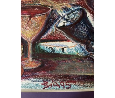 Акулов В.И "Натюрморт с пьяными бокалами", 1995г. Смешанная техника. Размер с паспарту 60х75 см. № 3523 (артикул №3523) - фото №2