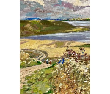 Белоусов В.П "Нарочанские хлеба", 1976г. ДВП, масло. Размер 76,5х45 см. № 3540 (артикул №3540) - фото №5