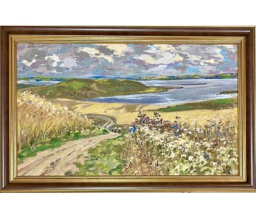 Белоусов В.П "Нарочанские хлеба", 1976г. ДВП, масло. Размер 76,5х45 см. № 3540 (артикул №3540) - фото №1