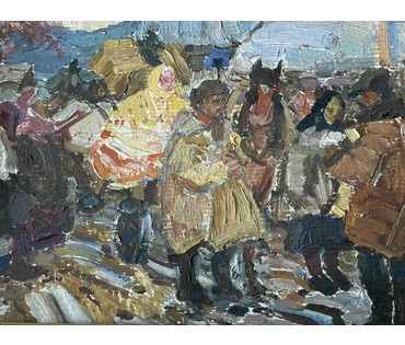 Жолток В.К. Эскиз к картине "Ярмарка", картон, масло. Размер с родной рамой 45х32 см. № 3557 (артикул №3557) - фото №5