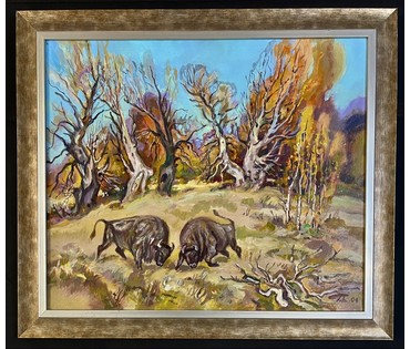 Поплавский Г.Г. Каталожная работа "Осенняя пора.Схватка великанов", 2004г. Холст, акрил. Размер 55х65 см. № 3603 (артикул №3603) - фото №1