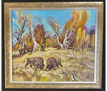 Поплавский Г.Г. Каталожная работа "Осенняя пора.Схватка великанов", 2004г. Холст, акрил. Размер 55х65 см. № 3603 (артикул №3603) - фото №2