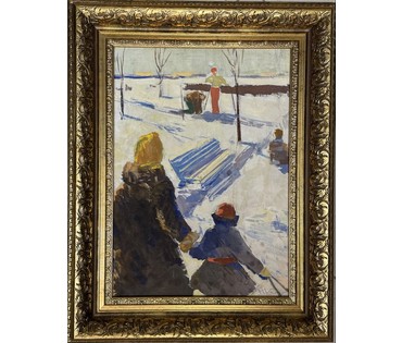 Казакевич Н.К "Зимний день", 1978г. Холст, масло, картон. Размер 49х35 см. № 3609 (артикул №3609) - фото №1