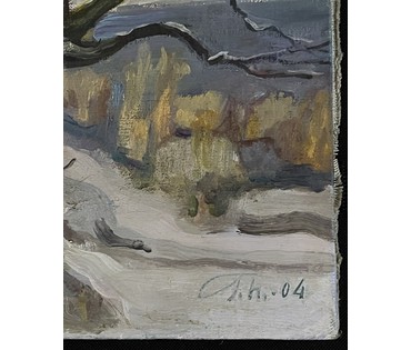 Поплавский Г.Г "Зимний пейзаж с лодкой и домиком", 2004г. Холст, акрил. Размер 40х50 см. № 3625 (артикул №3625) - фото №3