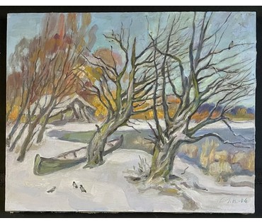 Поплавский Г.Г "Зимний пейзаж с лодкой и домиком", 2004г. Холст, акрил. Размер 40х50 см. № 3625 (артикул №3625) - фото №2