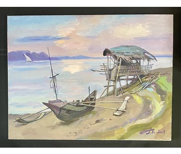 Поплавский Г.Г. Вариант каталожной работы "Катамаран". "Филиппины. Рыбачья лачуга". Холст, масло. Размер с рамой 60х80 см. № 3653 (артикул №3653) - фото №1
