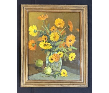 Явич П. М (Ученик Пэна Ю.М) "Натюрморт с календулой", 1968г. Картон, масло. Размер с рамой 53,5х66,5 см. № 3717 (артикул №3717) - фото №2