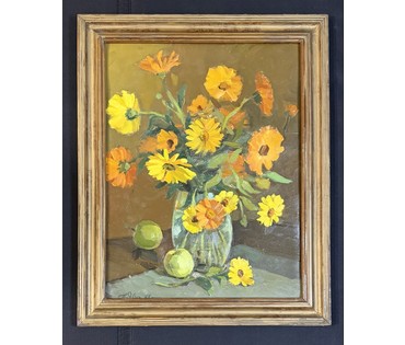 Явич П. М (Ученик Пэна Ю.М) "Натюрморт с календулой", 1968г. Картон, масло. Размер с рамой 53,5х66,5 см. № 3717 (артикул №3717) - фото №1