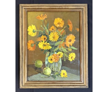 Явич П. М (Ученик Пэна Ю.М) "Натюрморт с календулой", 1968г. Картон, масло. Размер с рамой 53,5х66,5 см. № 3717 (артикул №3717) - фото №4