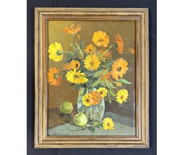 Явич П. М (Ученик Пэна Ю.М) "Натюрморт с календулой", 1968г. Картон, масло. Размер с рамой 53,5х66,5 см. № 3717 (артикул №3717) - фото №5