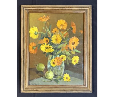 Явич П. М (Ученик Пэна Ю.М) "Натюрморт с календулой", 1968г. Картон, масло. Размер с рамой 53,5х66,5 см. № 3717 (артикул №3717) - фото №3