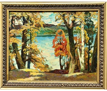 Гугель А.С. Каталожная работа "Осенние кружева", картон, масло. Размер с родной рамой 38,5х45 см. № 3736 (артикул №3736) - фото №6