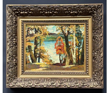 Гугель А.С. Каталожная работа "Осенние кружева", картон, масло. Размер с родной рамой 38,5х45 см. № 3736 (артикул №3736) - фото №2