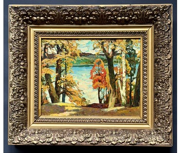 Гугель А.С. Каталожная работа "Осенние кружева", картон, масло. Размер с родной рамой 38,5х45 см. № 3736 (артикул №3736) - фото №3