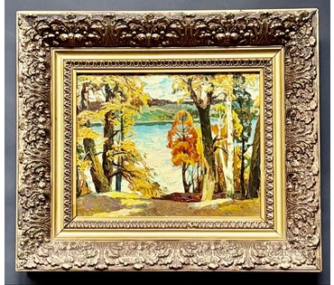 Гугель А.С. Каталожная работа "Осенние кружева", картон, масло. Размер с родной рамой 38,5х45 см. № 3736 (артикул №3736) - фото №4