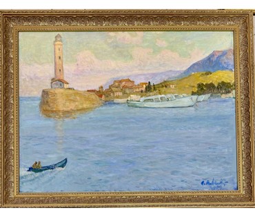 Козловский А.С "Пейзаж с маяком.Средиземное море", 2009г. Холст, масло. Размер с рамой 94,5х74 см. № 3740 (артикул №3740) - фото №1